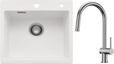 CECIPA max Spoelbak voor keuken 45x45CM - Graniet Spoelbakken Met Keukenkraan Met Uittrekbare Uitloop - Enkele spoelbak Wit - Met waterafvoersysteem - Voor 45 cm kast