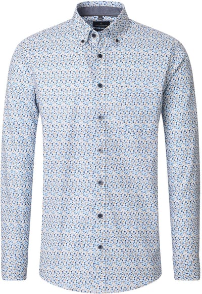 CASA MODA Sport comfort fit overhemd - twill - wit met beige en blauw balletjes dessin - Strijkvriendelijk - Boordmaat: 39 - 40