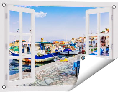 Gards Tuinposter Doorkijk Chalki Eiland - 60x40 cm - Tuindoek - Tuindecoratie - Wanddecoratie buiten - Tuinschilderij
