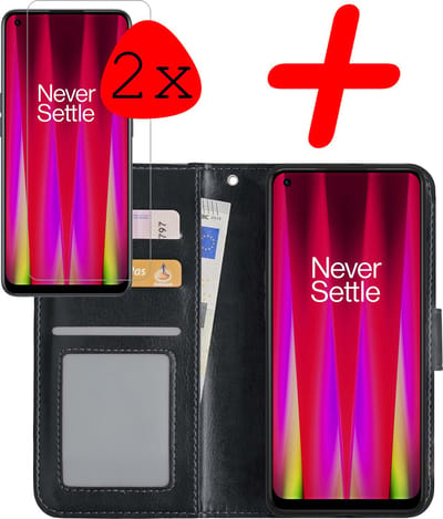Hoesje Met 2x Screenprotector - Geschikt voor OnePlus Nord CE 2 - Luxe Pasjeshouder - Bookcase Portemonee - Flip Case - Kunstleer Book Case - Flipcase Hoes - Book Cover - Walletcase - Portemonneehoes - Zwart