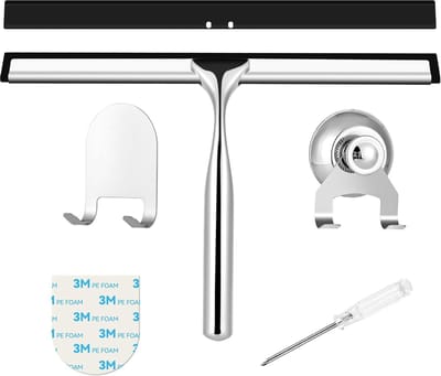 Famanu - RVS douchetrekker 25 cm met vervangbare rubberlip en houder, streepvrij resultaat