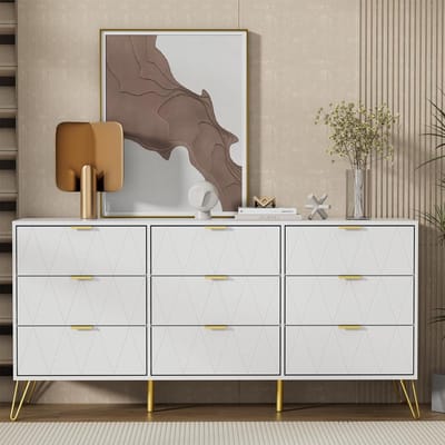 UEV ladekast met 9 laden, 150 cm, opbergmeubel voor in de slaapkamer, lijnenpatroon, Scandinavische stijl, goudkleurige handgrepen en poten, voor woonkamer, slaapkamer, kantoor, 150 x 34 x 74 cm, wit