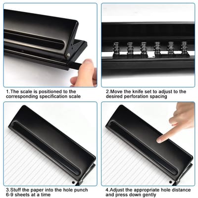 Verstelbare 6-Hole Punch voor A3, A4, A5, A6 en B3 tot B7 - Perfect voor 6 Bladen, Zwart, Ideaal voor Kantoor en Schoolgebruik