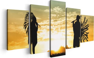 Artaza Canvas Schilderij Vijfluik Twee Silhouetten van Indianen bij Zonsondergang - 100x50 - Foto Op Canvas - Canvas Print