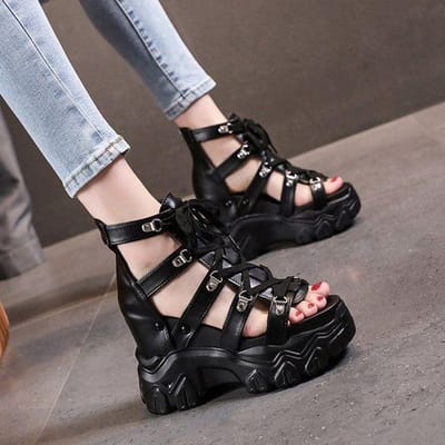 Zomer Nieuwe Dames Casual Schoenen met Dikke Zool Hoge Hak Pumps Antislip Modieus Ademend Buitenzool Schoen Ronde Neus Platform 41 black