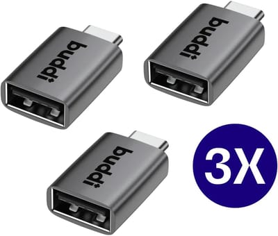 Buddi Ease | USB-A naar USB-C Adapter | (3x) Triple Pack | USB-C naar USB-A USB 3.0 | OTG | Verloop | Converter | Koppelstuk | Tussenstuk | 5Gbps gegevensoverdracht | 12W Opladen | Grijs