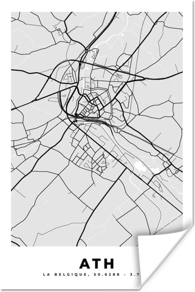 Poster België – Ath – Stadskaart – Kaart – Zwart Wit – Plattegrond - 120x180 cm XXL