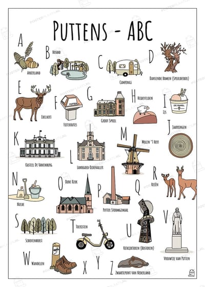 ABC Poster Putten - 50 x 70 cm - Educatieve Letterposter met Handgetekende Illustraties - Kinderkamer & Wanddecoratie - Woondecoratie - Relatiegeschenk