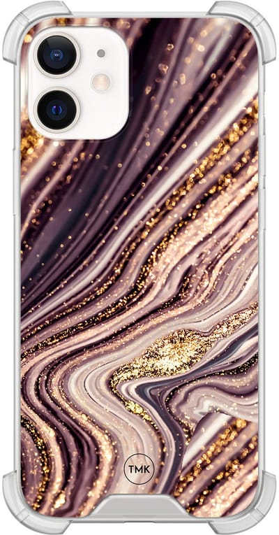 Shockproof hoesje geschikt voor Apple iPhone 12 mini - Golden pink marble - Schokbestendig - Verhoogde randen - TPU case - Extra Sterke Back Cover - Marmer - Transparant, Roze, Goud