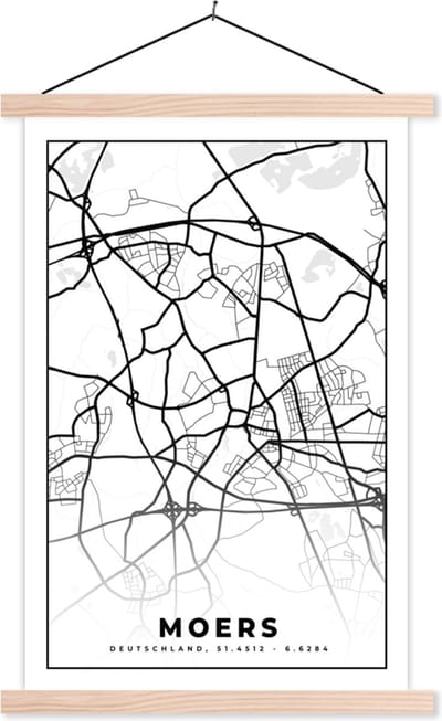 Posterhanger incl. Poster 40x60 cm - Schoolplaat - Plattegrond - Moers - Kaart - Stadskaart - Textielposter - Blanke latten - Stadskaart