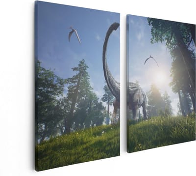 Artaza Canvas Schilderij Tweeluik Diplodocus Dinosauriër in het Bos - 80x60 - Foto Op Canvas - Canvas Print