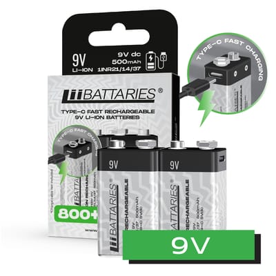 LiiBattaries KRACHTIGE OPLAADBARE BATTERIJ LITHIUM-ION 9V USB-C 2 stuks 500mAh 9V