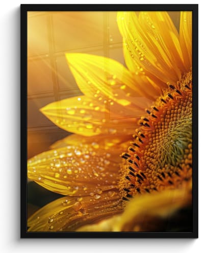 Poster in lijst - Fotolijst 50x70 cm - Posters - Zonnebloem - Dauwdruppels - Geel - Zonlicht - Posterlijst zwart - Decoratie - Wanddecoratie woonkamer - Muurdecoratie slaapkamer