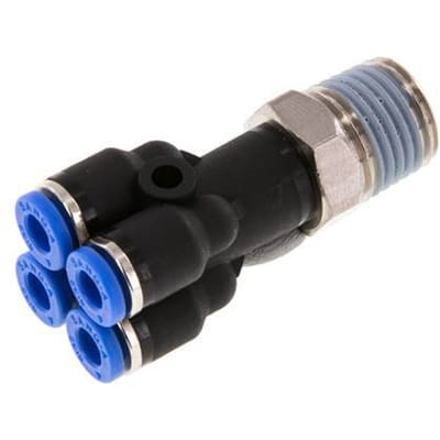 4mm x R1/4'' 4-way Y Manifold Messing/PA 66 Insteekfitting Buitendraad Draaibaar NBR