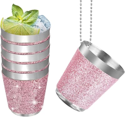 Set van 6 Roze RVS Shotglazen met Ketting voor Bruiloften, Verjaardagen en Feestjes - 30 ml