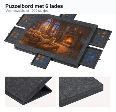 OwlyVision Kantelbaar Puzzelbord met 6 Lades en Beschermhoes - voor Puzzels tot 1000 Stukjes - Puzzeltafel met Opbergvakken - Puzzelmat - Donkergrijs