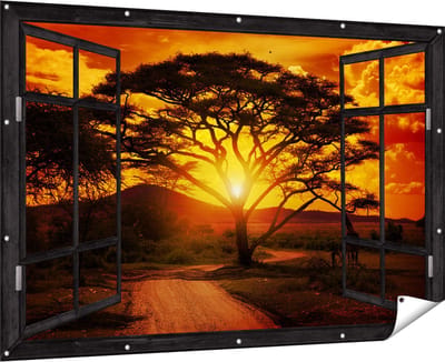 Gards Tuinposter Doorkijk Zonsondergang Achter een Savanne Boom - 180x120 cm - Tuindoek - Tuindecoratie - Wanddecoratie buiten - Tuinschilderij