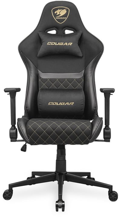 COUGAR Armor One V2 Gold F, 4D opvouwbare armleuningen, PVC-leer, hoge rugleuning, lendenkussen, ondersteuning tot 120 kg - zwart