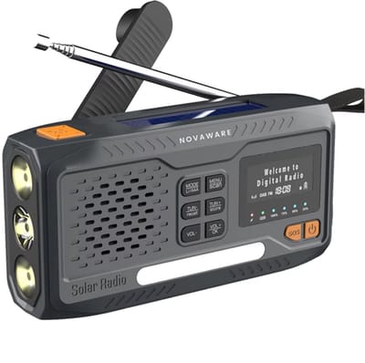NovaWare® Noodradio Solar Opwindbaar - Powerbank Zonneenergie met 4500mAh - DAB+/FM - Noodpakket - Bluetooth speaker - Draagbare Radio – Oplaadbaar & Op Batterijen - Grijs