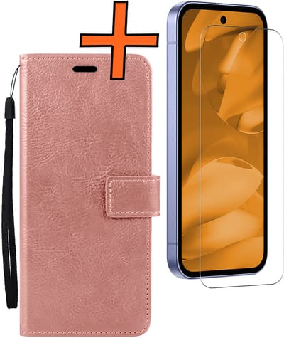 Hoes - Met Screenprotector - Geschikt voor Google Pixel 9a - Luxe Pasjeshouder - Bookcase Portemonee - Flip Case - Kunstleer Book Case - Flipcase - Book Cover - Walletcase - PortemonneeHoes - Rosé goud