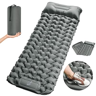 Extra Dikke Zelfopblazende Campingmat van 10 cm - Ultralichte Waterdichte Slaapmat met Voetpomp voor Wandelen en Backpacken, Compacte Luchtmatras voor Buitenavonturen - Grijs