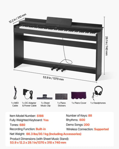 Digitale Piano - 88 Toetsen Elektrische Piano - Volledig Gewogen Toetsen - Aanslaggevoelig - Met 680 Klanken - Met Meubelstandaard & 3-Pedaal - Bluetooth - Voor Beginners