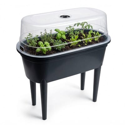 Lomera Kweektafel op Poten met Transparant Deksel - Verhoogde Kweekbak Moestuinbak Moestuintafel Kweekkas - Kunststof Antraciet - Groeitafel Kruidentafel voor Groenten en Kruiden