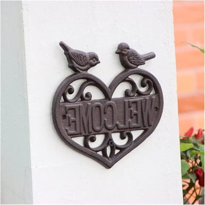 Welkomstbord Gietijzer - Decoratief bord - Huis versieren - Met vogelmotief - 19 x 18 cm - Zwart