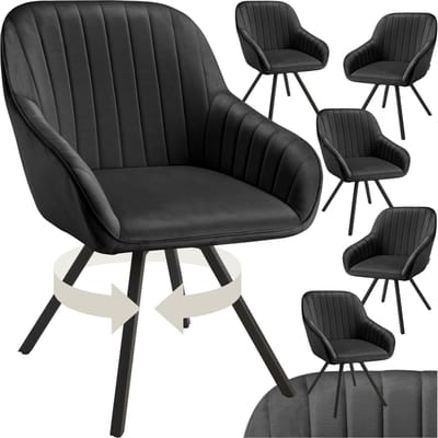 tectake® - Draaibare eetkamerstoel met armleuningen - Ergonomische kuipstoel met fluwelen bekleding - Gewatteerd - Draaistoel voor woonkamer, eettafel, studeerkamer, kaptafel en keuken - Set van 6 - Zwart