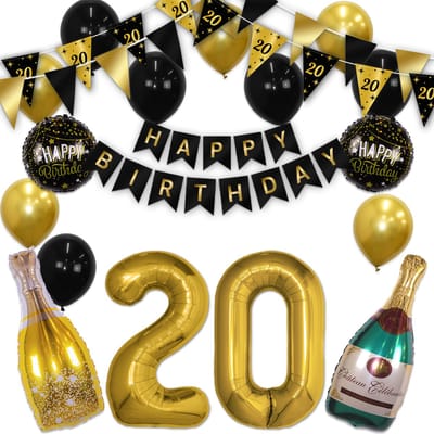 Q2P - 20 Jaar - Verjaardag Versiering - Helium Ballonnen - Feest Pakket - Happy Birthday - Versiering - Zwart & Goud