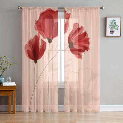 Rode Bloemen Achtergrond Transparante Gordijnen Voor Woonkamerraam Transparant Voile Tule Gordijn Slaapkamer Overgordijnen Woondecoratie 135W x 114H(cm) brown