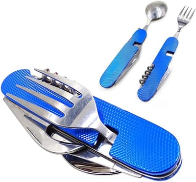 Bestek, roestvrij staal, deelbaar, veldbestek, outdoor, camping, flesopener, festival, blauw