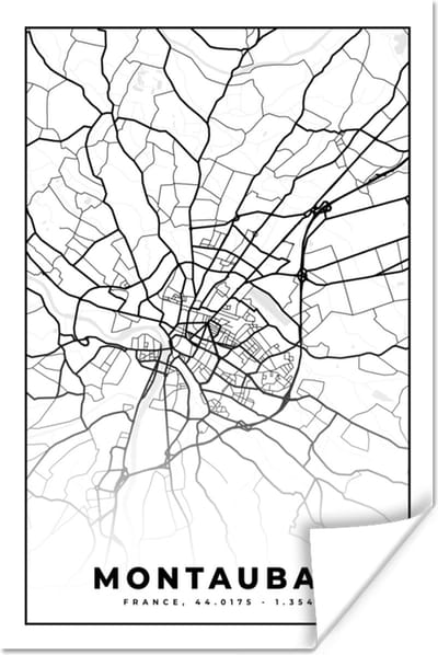 Poster Frankrijk - Kaart - Montauban - Plattegrond - Stadskaart - Zwart wit - 120x180 cm XXL