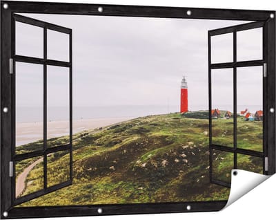 Gards Tuinposter Doorkijk Vuurtoren Texel - 120x80 cm - Tuindoek - Tuindecoratie - Wanddecoratie buiten - Tuinschilderij