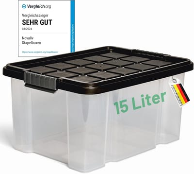 Novaliv opbergdoos met deksel 15L antraciet Nestbare stapelbare kunststof doos met clipsluiting Eurobox kunststof doos BPA-vrij 41 x 29 x 20 cm