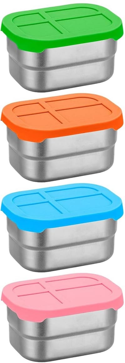 Set van 4 roestvrijstalen snackdoosjes van 230 ml met siliconen deksel — Lekvrije snackdoosjes en -bakjes — Opbergbakjes — Geschikt voor in de keuken/op de camping — Herbruikbaar — Bestand tegen hoge en lage temperaturen — Vaatwasmachinebestendig