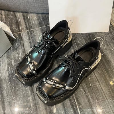 Nieuwe Retro Dames Derby Schoenen met Dikke Zool Vetersluiting Metalen Blokhak Leer Jurkschoenen Loafers Brits Vierkante Neus Schoenen 39