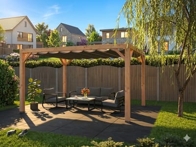 Douglas houten pergola inclusief een Harmonica schaduw doek keur Arctic White kopmaat 12 x 12 cm