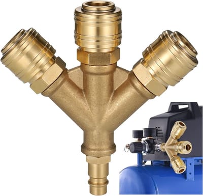 3-Weg Compressed Air Distributor met 3 Koppelingen, NW 7.2, 1/4 AG, Snelle Ontkoppeling, Messing Y-Distributor voor Persluchtgebruik