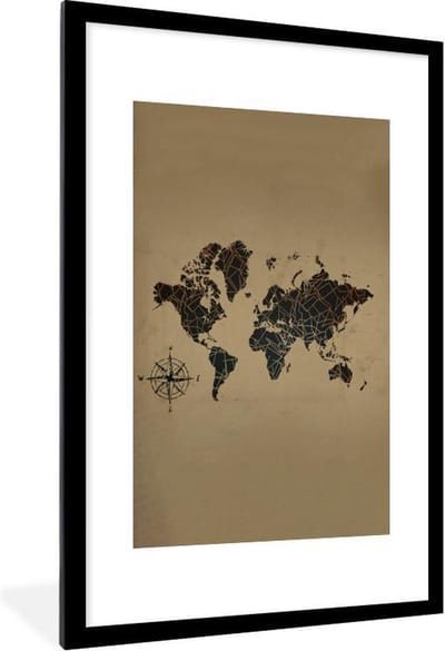 Poster in lijst - Fotolijst 80x120 cm - Posters - Wereldkaart - Zwart - Windroos - Posterlijst zwart - Decoratie - Wanddecoratie woonkamer - Muurdecoratie slaapkamer
