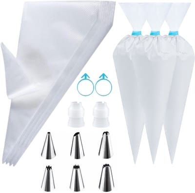 Spuitzakken Set - 100 Stuks - 6 Spuitmondjes - 2 Opzetstukken - RVS - Garneerzakken - Decoreren - Opvullen - Versieren - Wit