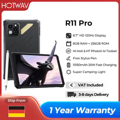 HOTWAV R11 Pro 8.7'' HD 120Hz Display Robuuste Tablet 10150mAh Grote Batterij 20W Snelladen Android 16 Super Camping Light Pad 8GB RAM 256GB ROM 64MP + 16MP Camera 1080P Lichtgewicht Tablet PC Met
