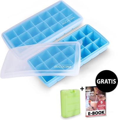 MiCocina Ijsblokjesvorm met Deksel | 2-delige Set | 21 Ijsblokjes | Stapelbare Silicone ijsblokjesmaker voor gekoelde drankjes, whisky, cocktails en babyvoeding, BFA vrij en herbruikbaar | Met koelelement en E-book | Blauw