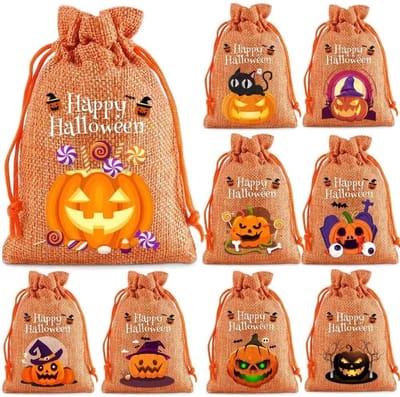Halloween-halloween pompoen-cadeauzakjes-24-pack Halloween jute snackzakjes - oranje trekkoordzakjes - Jack-O'-Lantern-ontwerp - oranje, hennep - 10x14cm