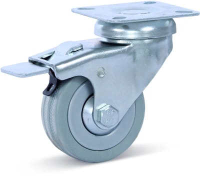 Grijs rubber zwenkwiel geremd met topplaat- 50mm - 50kg