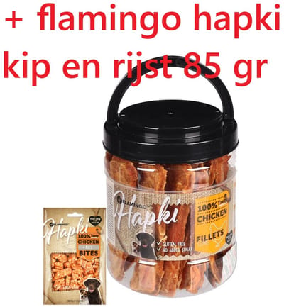 Flamingo hapki - hondensnacks - chicken fillets 500 gr in pot schroefdeksel - ** + ** zakje hapki chicken and rice bites 85 gr - beloningssnoep