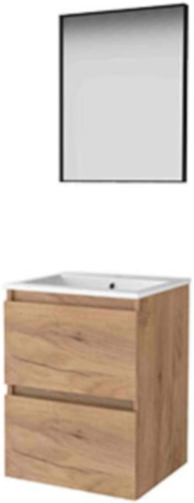 Basic-Line Framed 46 Badkamermeubelset - 50 x 46 cm - Greeploos - 2 Lades - Keramische Wastafel - 1 Kraangat - Spiegel met Zwart Aluminium Frame - Whisky Oak