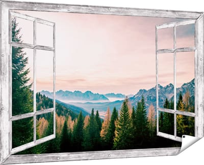 Gards Tuinposter Doorkijk Bos met Bomen bij Bergen Landschap - 180x120 cm - Tuindoek - Tuindecoratie - Wanddecoratie buiten - Tuinschilderij
