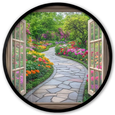 Poster in lijst Rond - Fotolijst 40x40 cm - Posters - Doorkijk - Bloemen - Tuinpad - Natuur - Raam - Ronde posterlijst zwart - Decoratie - Wanddecoratie woonkamer - Muurdecoratie slaapkamer