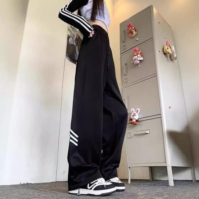 Herfststijl Lichtgrijze Casual Broek voor Dames High Street Wijde Pijpen Joggingbroek Rechte Pijpen Strikken Sportbroek 3XL gray